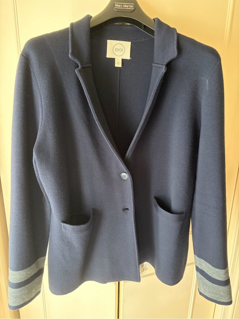 1901 Navy Knit Blazer with Striped Sleeve Detail